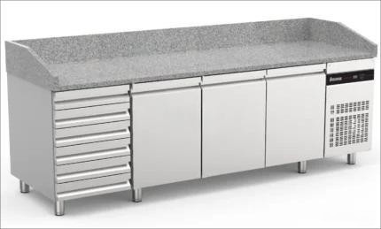Ψυγείο Πάγκος Πίτσας Συντήρηση με 3 Πόρτες και 6 Ουδέτερα Συρτάρια με Γρανίτη – 779 L – 254 x 80 x 104 cm – INOMAK PIZCT888/ND/I/G